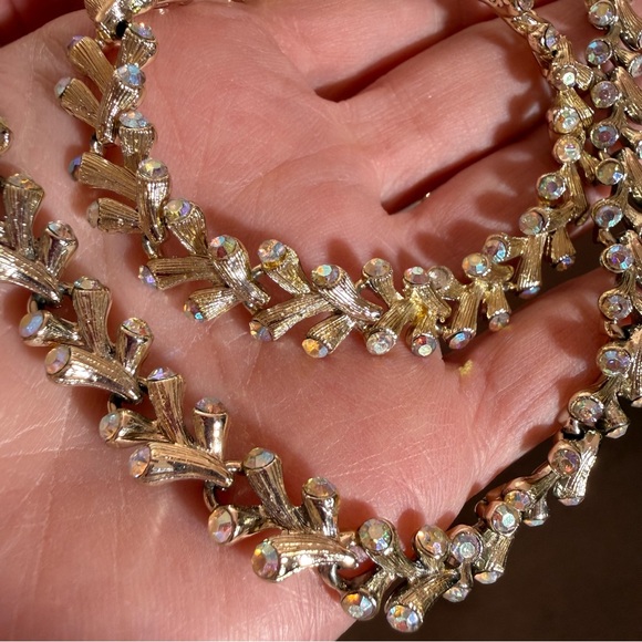 Coro Vintage Art deco AB Crystal gold Choker Necklace bracelet set Purure